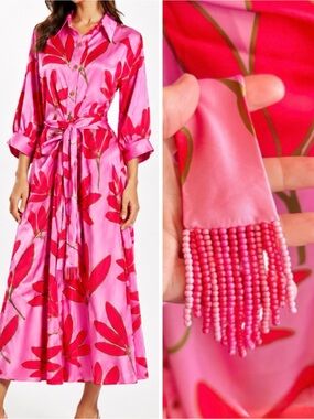 KARLIE Satin Palm Floral Pink Maxi Shirt Dress w Beaded Tassel Sash Belted Waist
